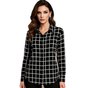 Calvin Klein Black/White Windowpane Print Blouse – Size M